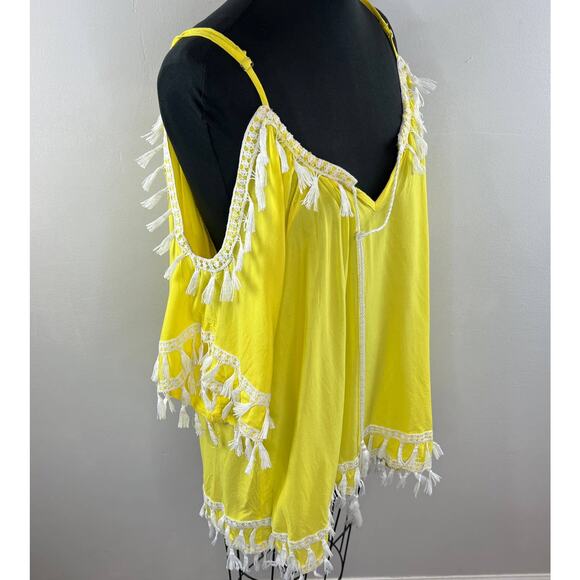 VENUS Yellow White Boho Tassel Strappy Cold Shoulder Swim Beach Cover Up Dress S - Picture 3 of 12